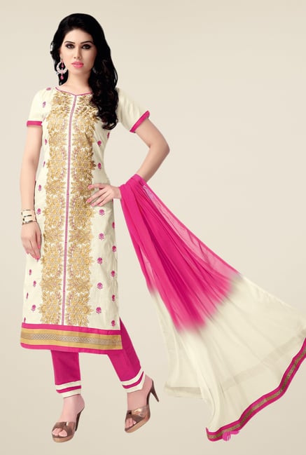 Salwar Studio Cream & Pink Embroidered Cotton Dress Material Salwar Studio Cream & Pink Embroidered Cotton Dress Material