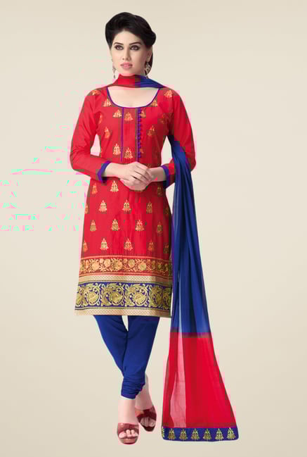 Salwar Studio Red & Blue Embroidered Cotton Dress Material Salwar Studio Red & Blue Embroidered Cotton Dress Material