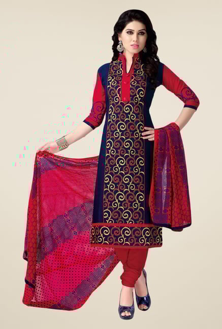 Salwar Studio Dark Blue & Red Cotton Dress Material Salwar Studio Dark Blue & Red Cotton Dress Material
