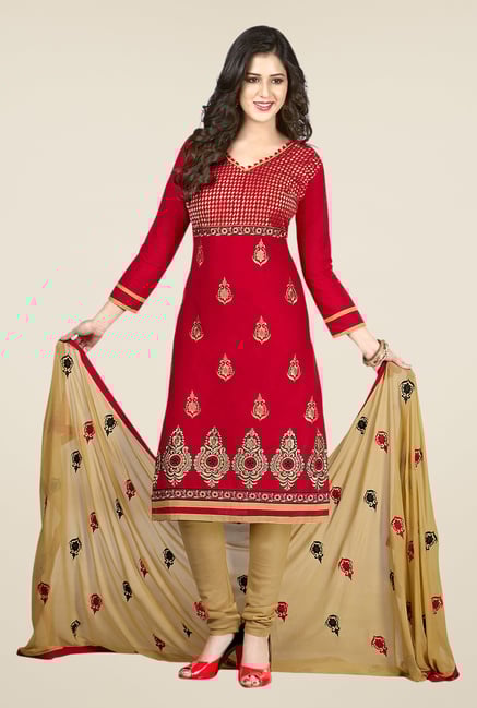 Salwar Studio Red & Beige Embroidered Dress Material Salwar Studio Red & Beige Embroidered Dress Material