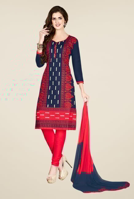 Salwar Studio Blue & Red Embroidered Dress Material Salwar Studio Blue & Red Embroidered Dress Material