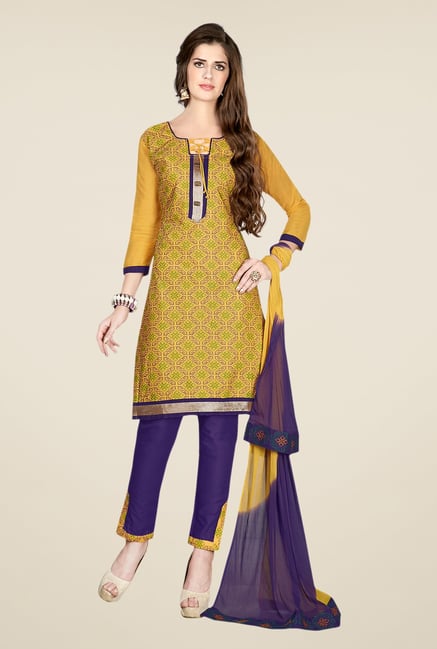 Salwar Studio Mustard & Violet Cotton Dress Material Salwar Studio Mustard & Violet Cotton Dress Material