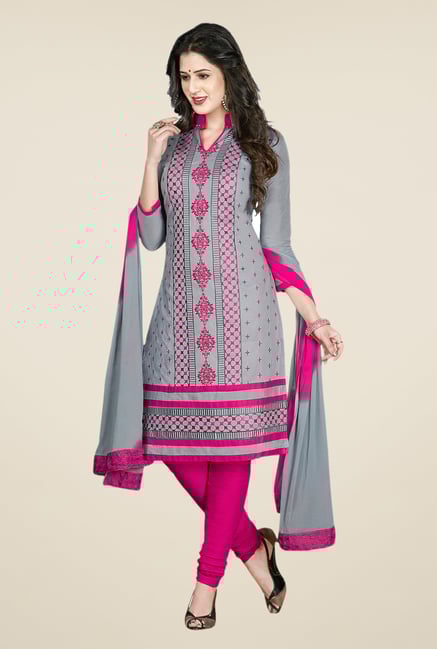 Salwar Studio Grey & Pink Embroidered Cotton Dress Material Salwar Studio Grey & Pink Embroidered Cotton Dress Material