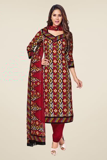Salwar Studio Maroon & Yellow Printed Cotton Dress Material Salwar Studio Maroon & Yellow Printed Cotton Dress Material