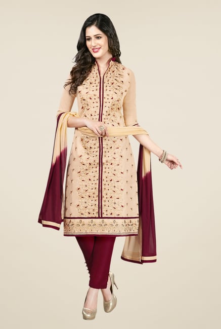 Salwar Studio Beige & Wine Embroidered Dress Material Salwar Studio Beige & Wine Embroidered Dress Material