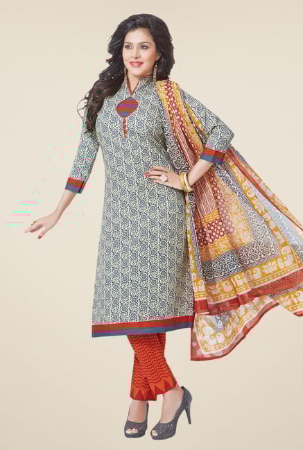 Salwar Studio Ash Grey & Orange Printed Dress Material Salwar Studio Ash Grey & Orange Printed Dress Material