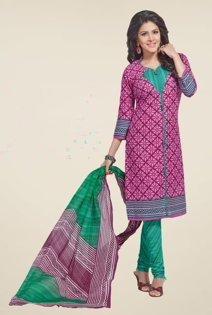 Salwar Studio Pink & Sea Green Printed Cotton Dress Material Salwar Studio Pink & Sea Green Printed Cotton Dress Material