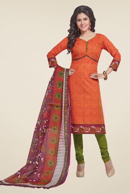 Salwar Studio Tomato Red & Mehndi Printed Dress Material Salwar Studio Tomato Red & Mehndi Printed Dress Material