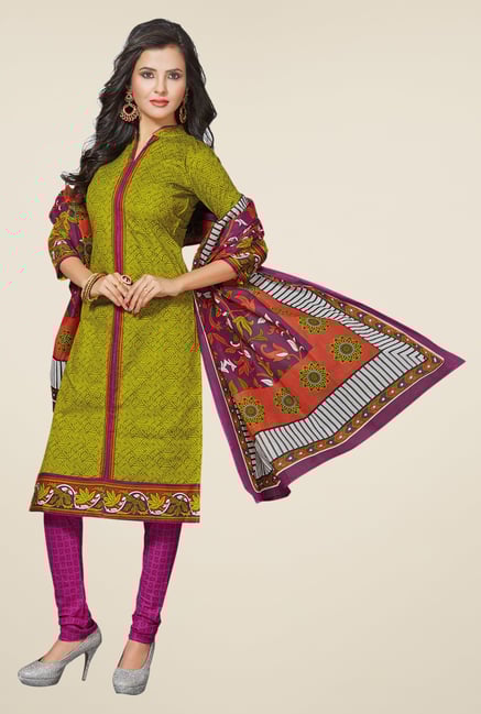 Salwar Studio Mehndi & Magenta Printed Dress Material Salwar Studio Mehndi & Magenta Printed Dress Material