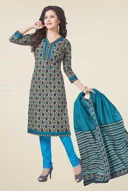 Salwar Studio Beige & Blue Printed Dress Material Salwar Studio Beige & Blue Printed Dress Material