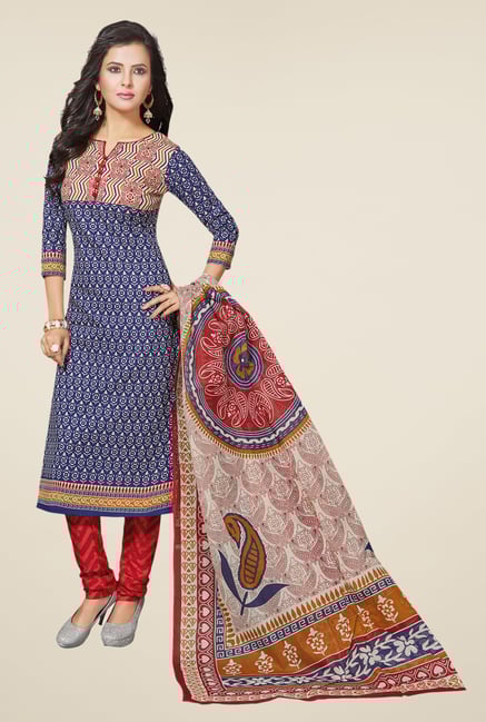 Salwar Studio Blue & Red Printed Dress Material Salwar Studio Blue & Red Printed Dress Material