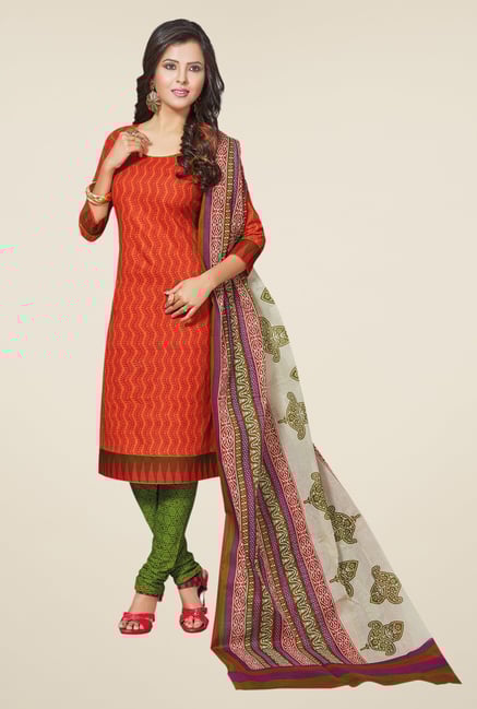 Salwar Studio Orange & Mehndi Printed Cotton Dress Material Salwar Studio Orange & Mehndi Printed Cotton Dress Material
