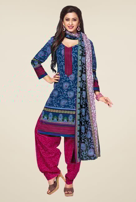 Salwar Studio Blue & Magenta Printed Dress Material Salwar Studio Blue & Magenta Printed Dress Material
