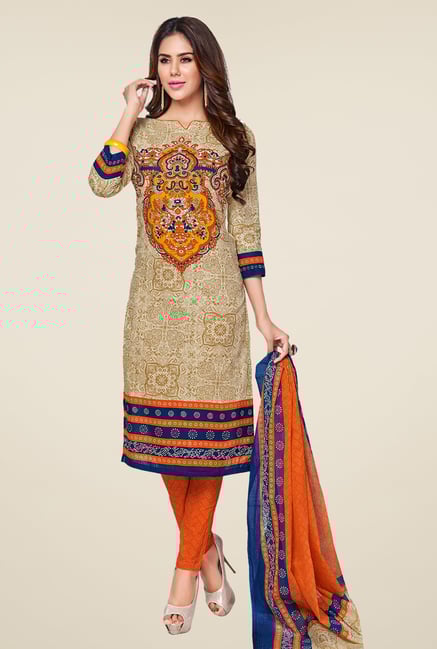 Salwar Studio Beige & Orange Printed Cotton Dress Material Salwar Studio Beige & Orange Printed Cotton Dress Material