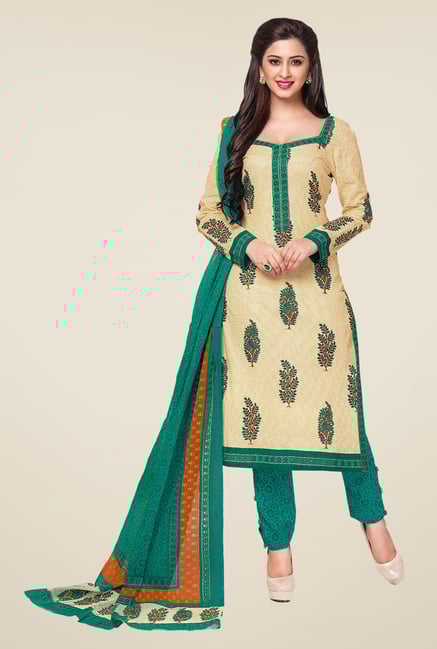 Salwar Studio Cream & Sea Green Printed Dress Material Salwar Studio Cream & Sea Green Printed Dress Material