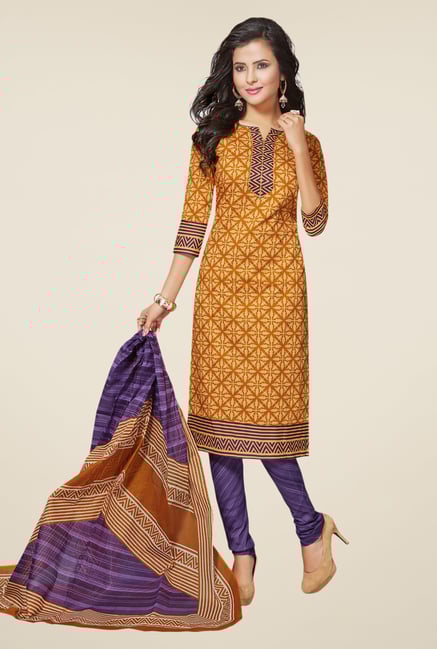 Salwar Studio Mustard & Purple Printed Cotton Dress Material Salwar Studio Mustard & Purple Printed Cotton Dress Material