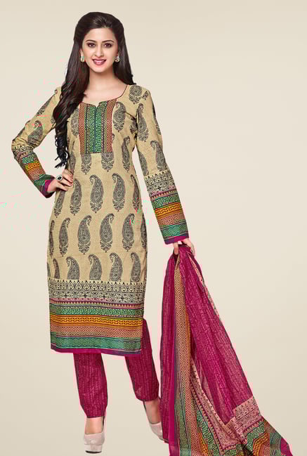 Salwar Studio Beige & Pink Printed Cotton Dress Material Salwar Studio Beige & Pink Printed Cotton Dress Material