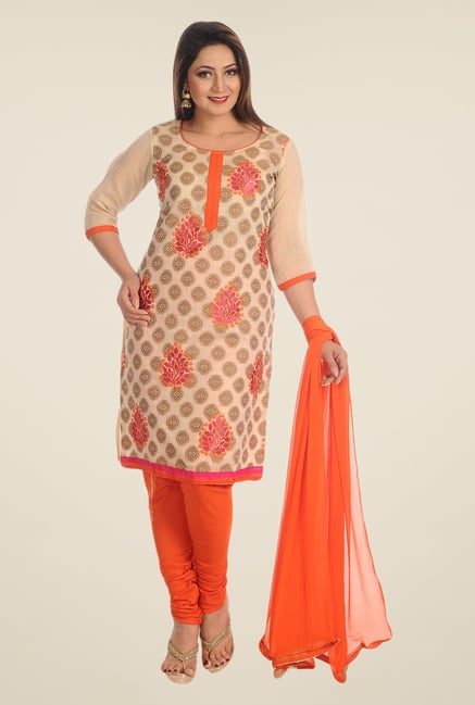 Salwar Studio Beige & Orange Cotton Dress Material Salwar Studio Beige & Orange Cotton Dress Material