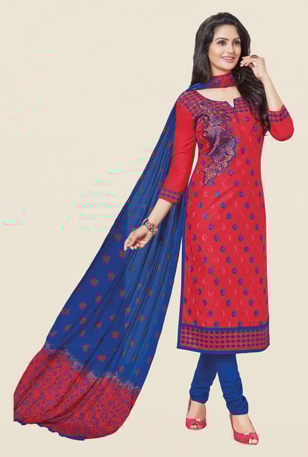 Salwar Studio Red & Blue Embroidered Dress Material Salwar Studio Red & Blue Embroidered Dress Material