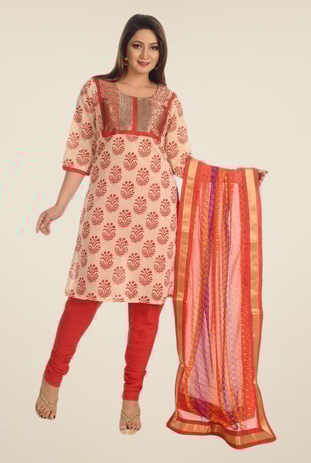 Salwar Studio Beige & Red Cotton Dress Material Salwar Studio Beige & Red Cotton Dress Material