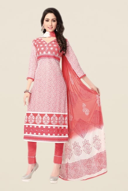Salwar Studio Coral & White Embroidered Dress Material Salwar Studio Coral & White Embroidered Dress Material