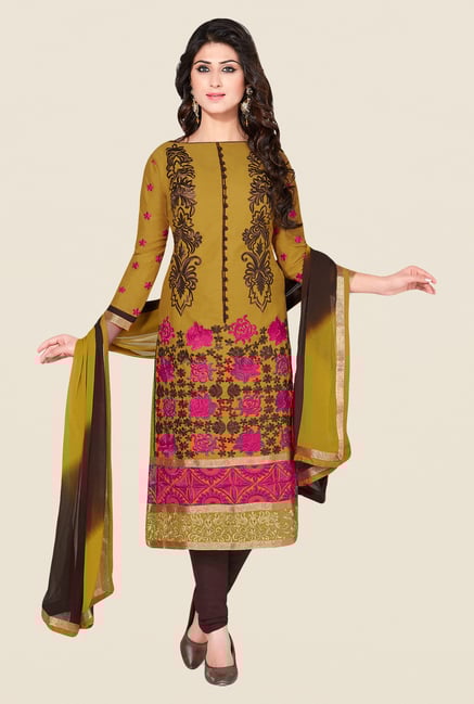 Salwar Studio Olive & Brown Embroidered Dress Material Salwar Studio Olive & Brown Embroidered Dress Material