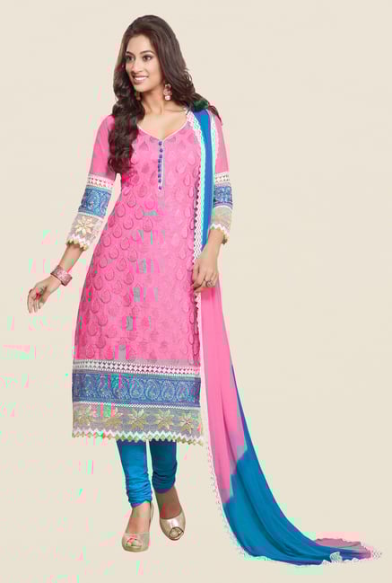 Salwar Studio Pink & Sky Blue Embroidered Dress Material Salwar Studio Pink & Sky Blue Embroidered Dress Material