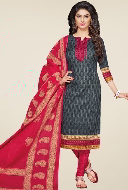 Salwar Studio Grey & Pink Printed Cotton Dress Material Salwar Studio Grey & Pink Printed Cotton Dress Material