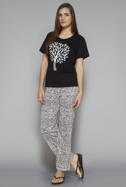 Intima by Westside Off White & Black Printed Pyjama Set Intima by Westside Off White & Black Printed Pyjama Set