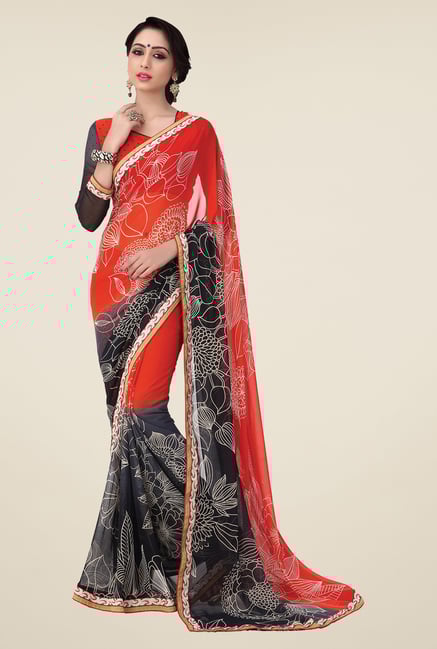 Salwar Studio Orange and Black Floral Print Saree Salwar Studio Orange and Black Floral Print Saree