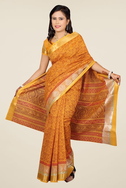 Salwar Studio Dark Yellow Floral Print Saree Salwar Studio Dark Yellow Floral Print Saree