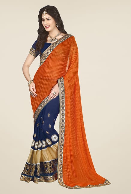 Salwar Studio Blue & Orange Embroidered Saree Salwar Studio Blue & Orange Embroidered Saree
