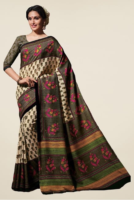 Salwar Studio Cream & Grey Tussar Silk Printed Saree Salwar Studio Cream & Grey Tussar Silk Printed Saree