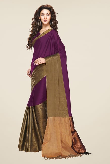 Salwar Studio Violet & Golden Zari Border Cotton Saree Salwar Studio Violet & Golden Zari Border Cotton Saree