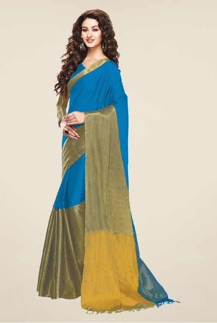 Salwar Studio Blue & Golden Zari Border Cotton Saree Salwar Studio Blue & Golden Zari Border Cotton Saree