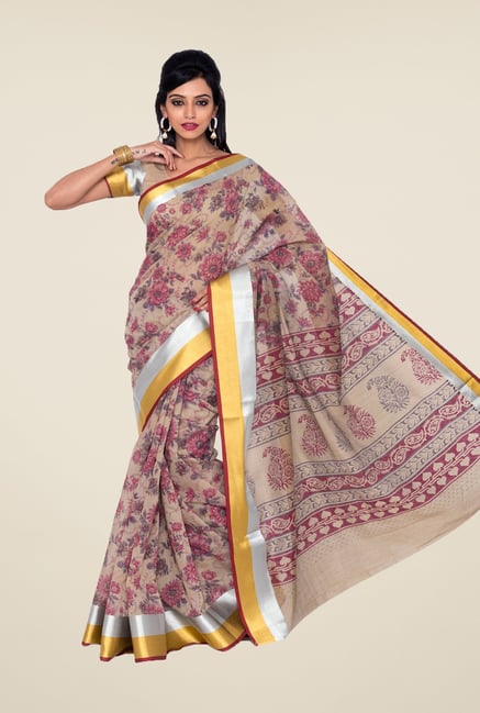 Salwar Studio Beige & Maroon Printed Saree Salwar Studio Beige & Maroon Printed Saree