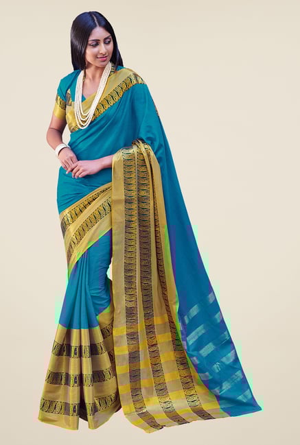 Salwar Studio Blue Cotton Blend Handwoven Saree Salwar Studio Blue Cotton Blend Handwoven Saree