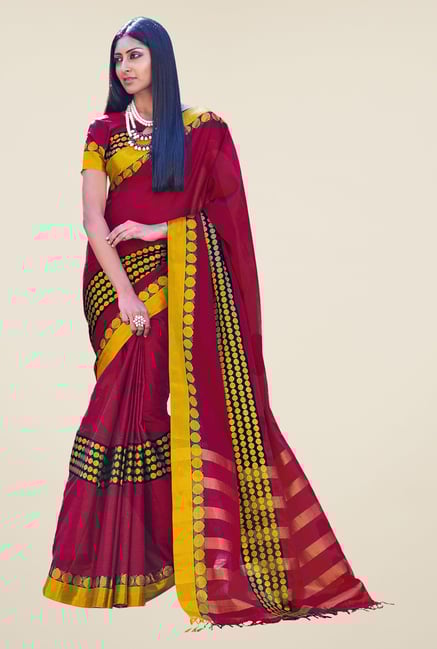 Salwar Studio Maroon Cotton Blend Handwoven Saree Salwar Studio Maroon Cotton Blend Handwoven Saree