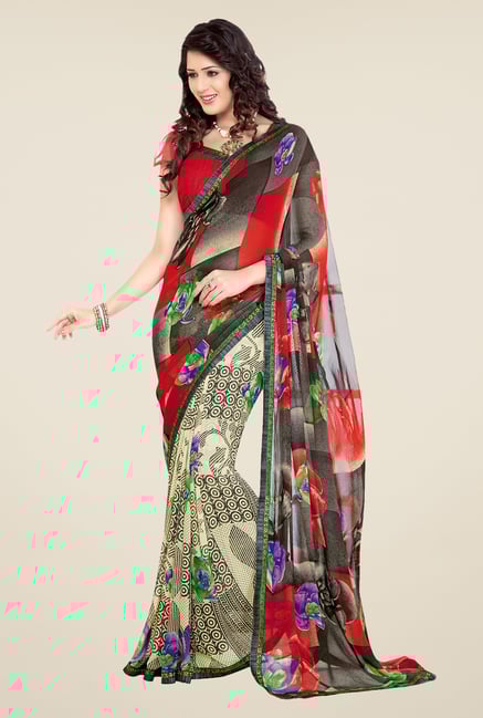 Salwar Studio Red and Grey Printed Saree Salwar Studio Red and Grey Printed Saree