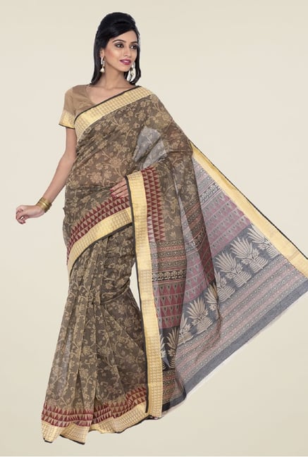 Salwar Studio Grey & Beige Floral Print Saree Salwar Studio Grey & Beige Floral Print Saree