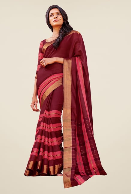 Salwar Studio Wine Handwoven Cotton Saree Salwar Studio Wine Handwoven Cotton Saree