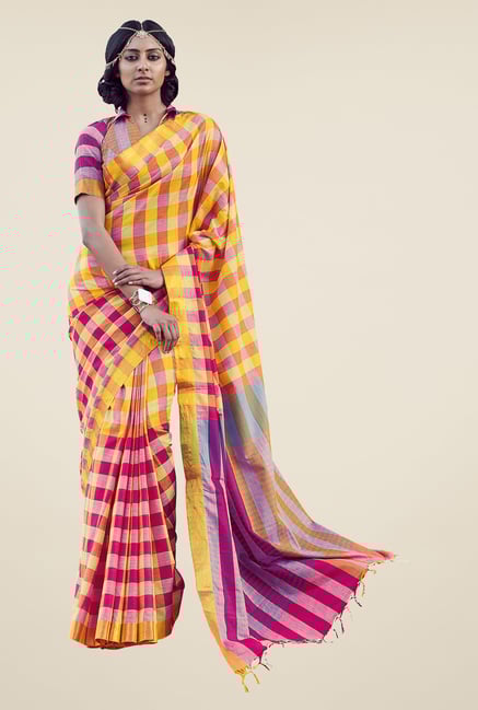 Salwar Studio Yellow & Pink Checks Handwoven Saree Salwar Studio Yellow & Pink Checks Handwoven Saree