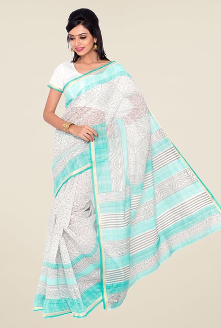 Salwar Studio White and Aqua Printed Saree Salwar Studio White and Aqua Printed Saree