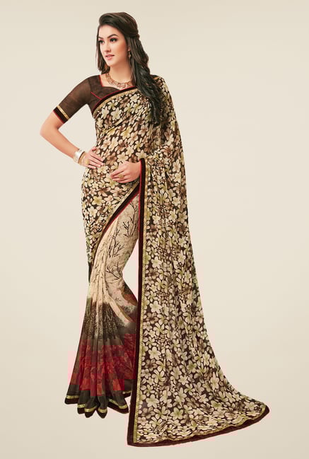Salwar Studio Beige & Brown Floral Print Saree Salwar Studio Beige & Brown Floral Print Saree