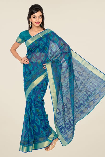 Salwar Studio Peacock Blue Floral Print Saree Salwar Studio Peacock Blue Floral Print Saree