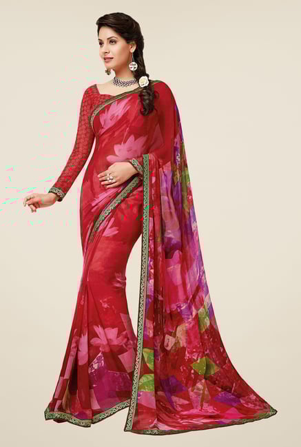 Salwar Studio Red & Pink Floral Print Saree Salwar Studio Red & Pink Floral Print Saree