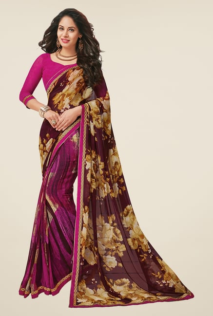 Salwar Studio Wine Floral Print Saree Salwar Studio Wine Floral Print Saree