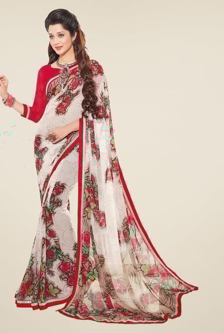 Salwar Studio Off White and Red Floral Print Saree Salwar Studio Off White and Red Floral Print Saree