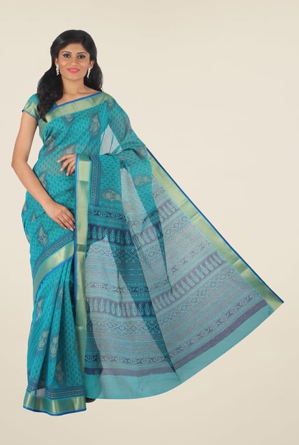 Salwar Studio Turquoise Printed Saree Salwar Studio Turquoise Printed Saree