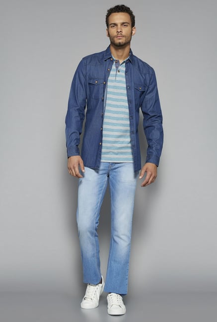 Westsport by Westside Turquoise Striped Polo T Shirt Westsport by Westside Turquoise Striped Polo T Shirt